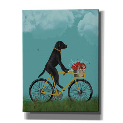 Labrador noir sur un vélo - ciel - reproduction d'art sur toile tendue