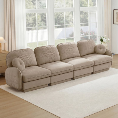 137-Inch Chenille 4-Seater Sofa With Quilted Back Cushions, Round Pillows, Recessed Legs, Ergonomic Deep Seat, And Easy Assembly For Living Room Comfort.
