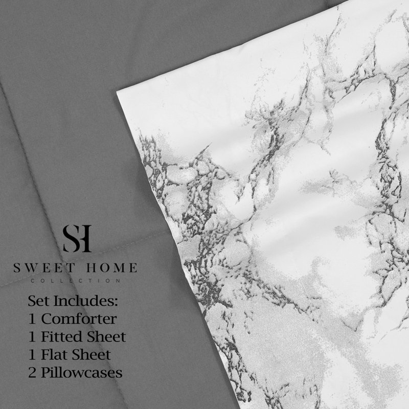 Marble Comforter Bedding Set, Gray, Queen Comforter + 5 Additional Pieces