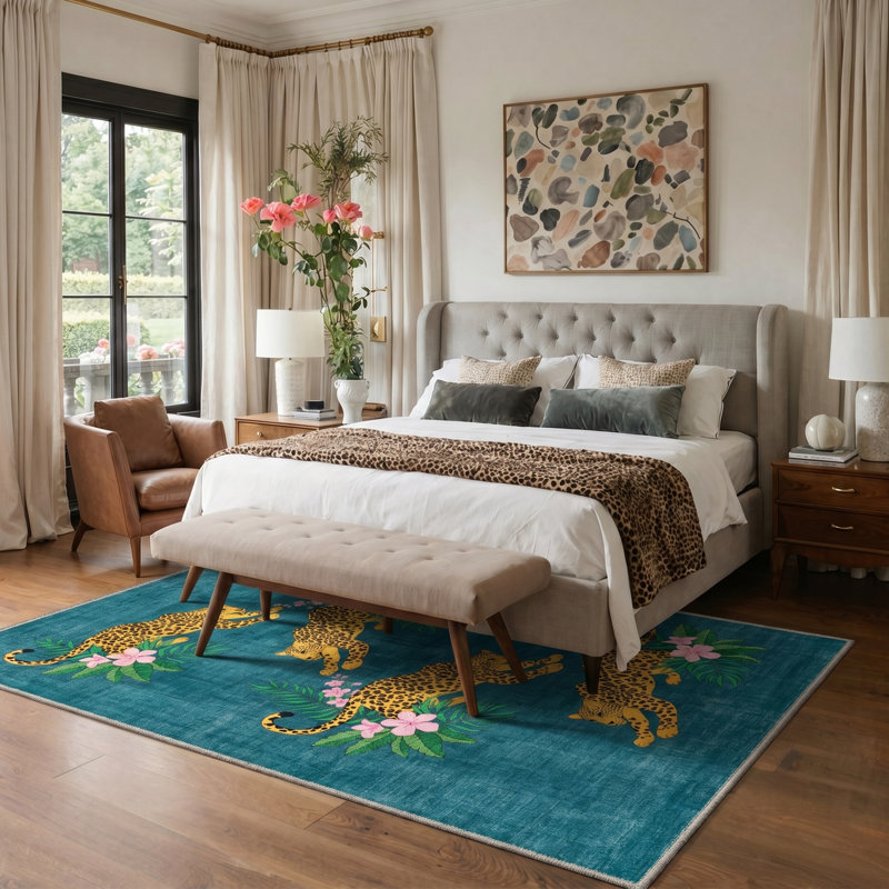 Abraham Tropique Tropical Machine Washable Blue / Green Indoor Area Rug with Non-Slip Backing, Rectangle 8' x 10'