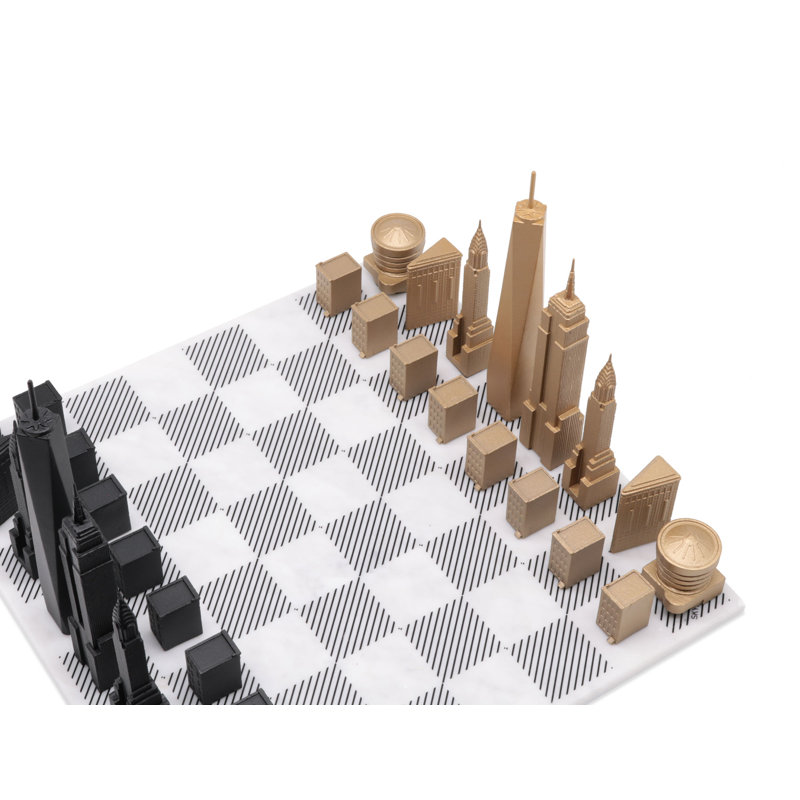 Luxury Bronze New York Chess Set with Marble Hatch Board