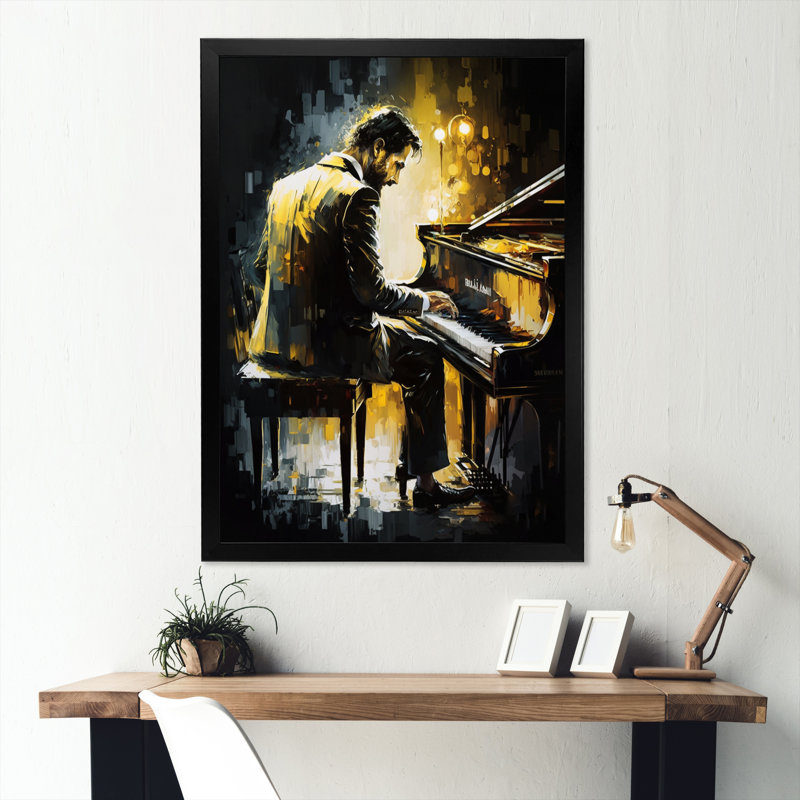 «Man jouant du piano I», reproduction sur toile, H 32 po x l 16 po x P 1 po, Impression noire sur toile encadrée