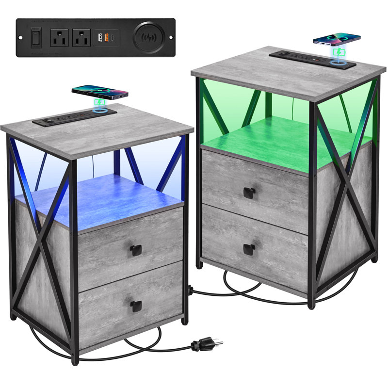 LED Nightstand, Night Stand with Wireless Charger, End Table with Storage, Brown