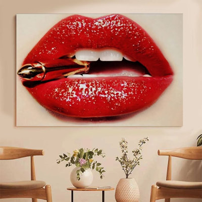 1Pc Framed Canvas Poster Print Red Lips, Gold Lipstick, Hyper-Realistic Style Wall Art Wall Pediments, Wall Decor, Perfect for Room Decor Living Room