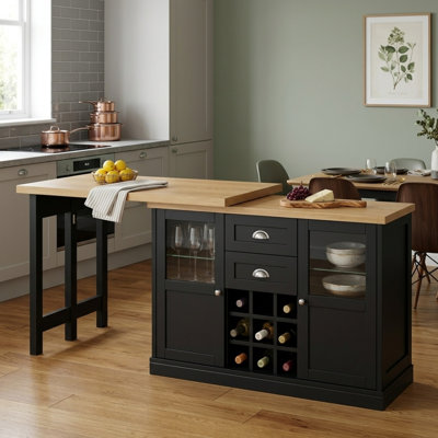 Multi‑Use Extendable Kitchen Sideboard, 3‑Color LED Lights, Glass Doors, 2 Drawers & Built‑in Wine Rack for Dining & Living Space