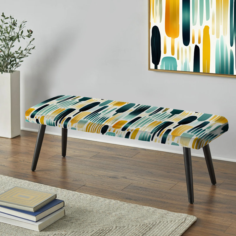 Motif rayé vert et jaune, banc rembourré noir rayé