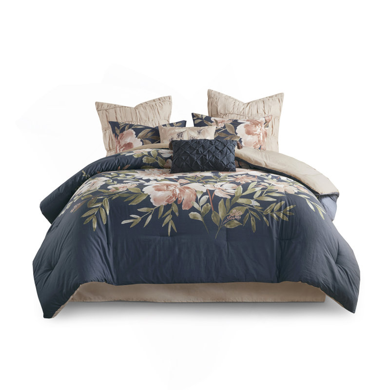 Ensemble d'édredon en coton 8 pièces pour grand lit bleu marine, Édredon grand + 7 articles supplémentaires