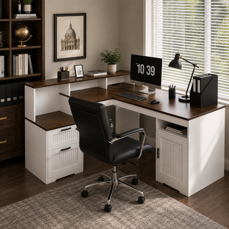 Bureau d'ordinateur en L de style champêtre de 135 cm de large avec tablette, prises électriques, tiroirs et armoire, Blanc