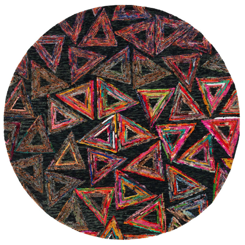 Hand Tufted Wool/Cotton Geometric Rug in Dark Green/Black, Round 7'