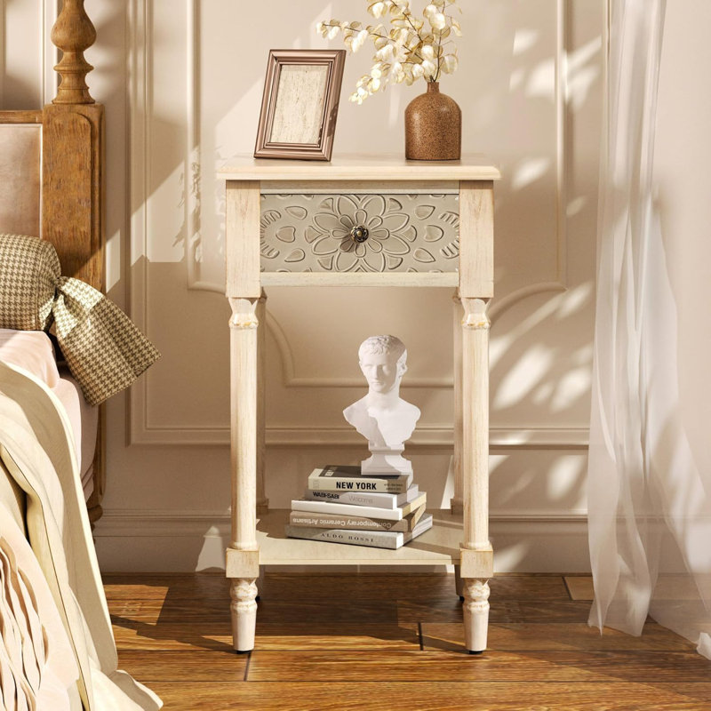 Tier End Table With Open Shelf, MDF Bedside Table With Pattern Carved Drawer, Accent Table Rustic Wood Night Stand For Bedroom, Living Room, Light Grey