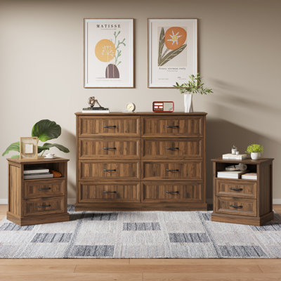 Ensemble de chambre à coucher 3 pièces Farmhouse, commode 8 tiroirs et 2 tables de chevet pour le salon