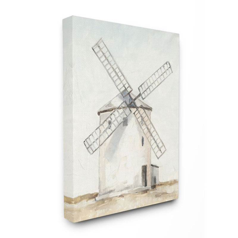 «Windmill Farm Landscape Neutral Blue Brown» par Ethan Harper - reproduction d'art, H 48 po x l 36 po, Toile tendue