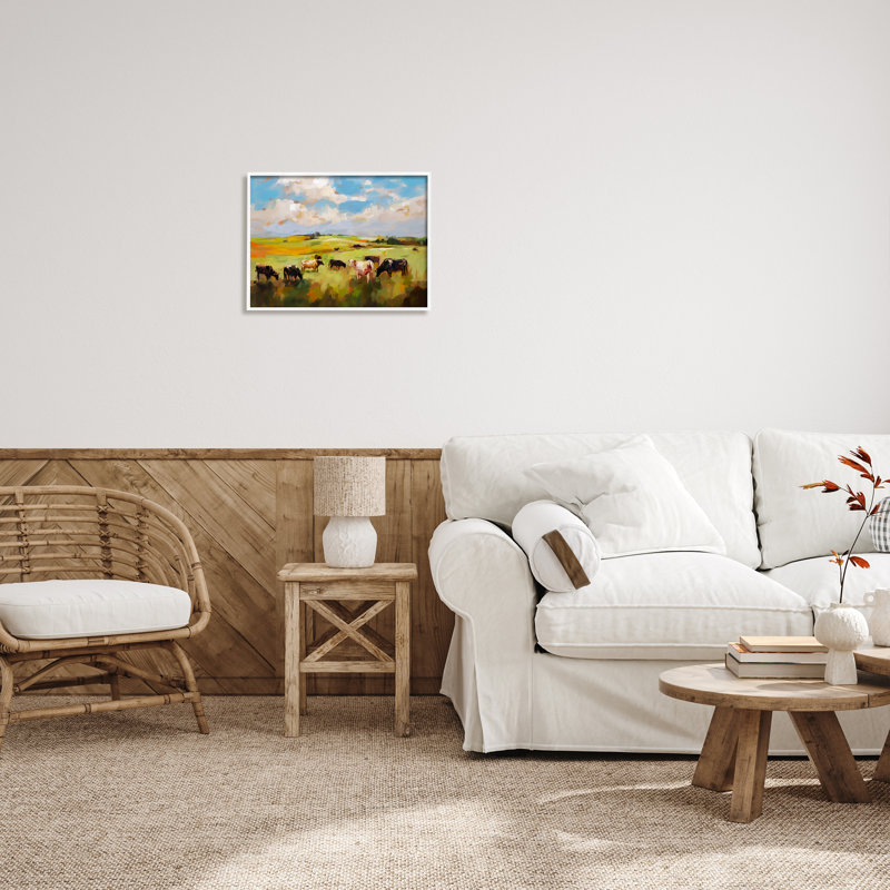 «Vaches qui broutent» par Ziwei Li, H 16 po x l 20 po x P 1,5 po, Giclée encadrée blanc bord de mer