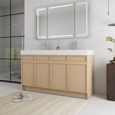Meuble-lavabo autoportant de 60 po avec comptoir en résine blanche et 4 portes d'armoire à fermeture en douceur