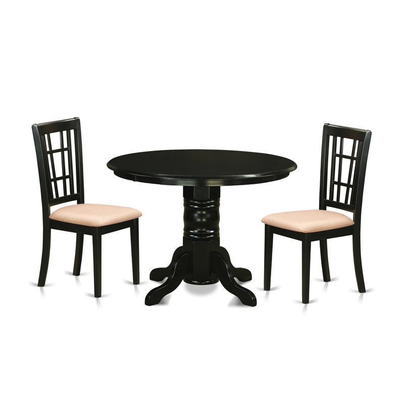 Ensemble de table de salle à manger 3 pièces pour petits espaces comprenant une table de cuisine ronde avec piédestal et 2 chaises en tissu de lin, noir