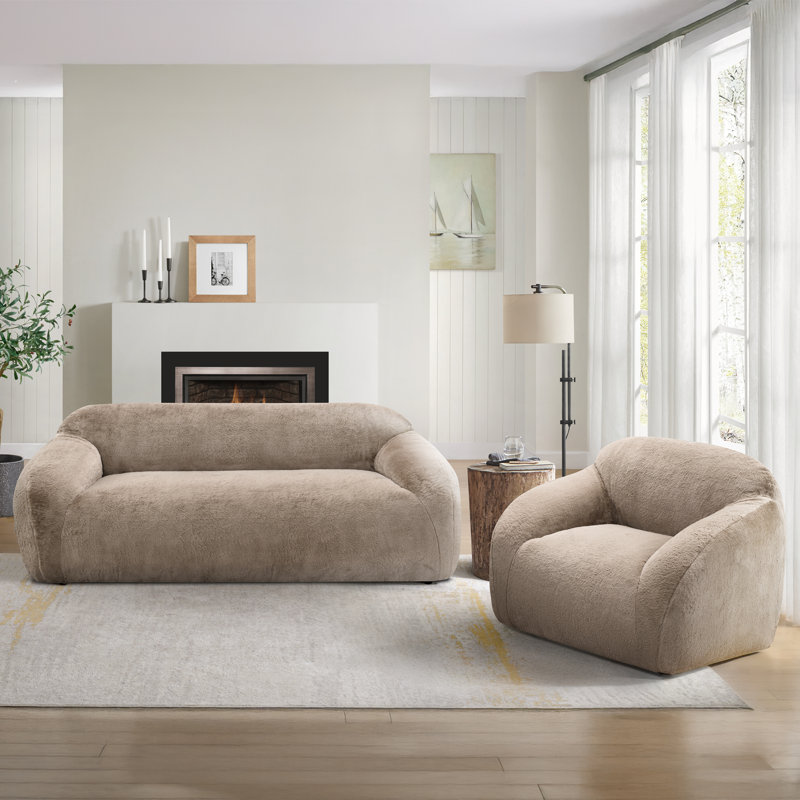 Roundhill Furniture Adell Polar Bear 2-Piece Living Room Set, Sofa And Swivel Chair, Tan