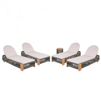 Ensemble de chaise longue d'extérieur en corde avec dossier réglable, table d'appoint en bois d'aspect teck et coussins beiges pour la détente sur le patio et la piscine