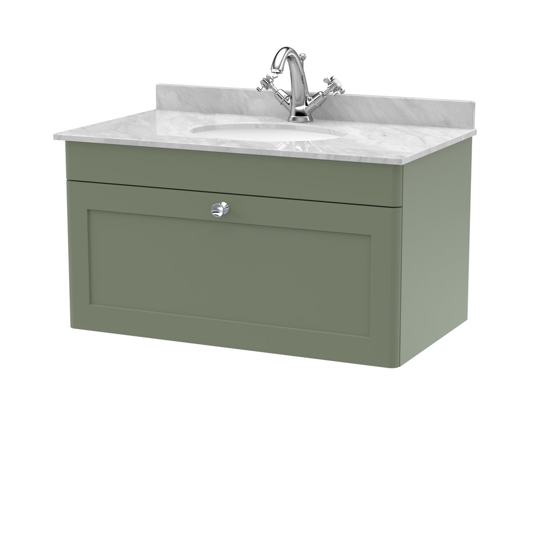 nuie Classique 800mm Wall Hung Vanity Unit - Satin Green/Grey - Marble Basin - Image 2