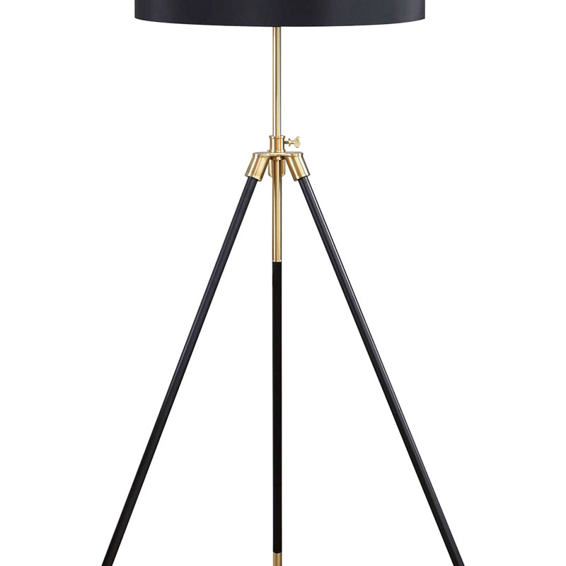 Lampe trépied noire et dorée à abat-jour tambour
