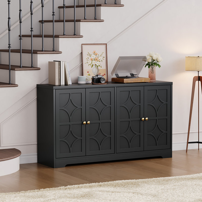 55" Modern Buffet Cabinet with Adjustable Shelves, Wood Sideboard with Diamond Doors, Kitchen Coffee Bar Credenza, Black