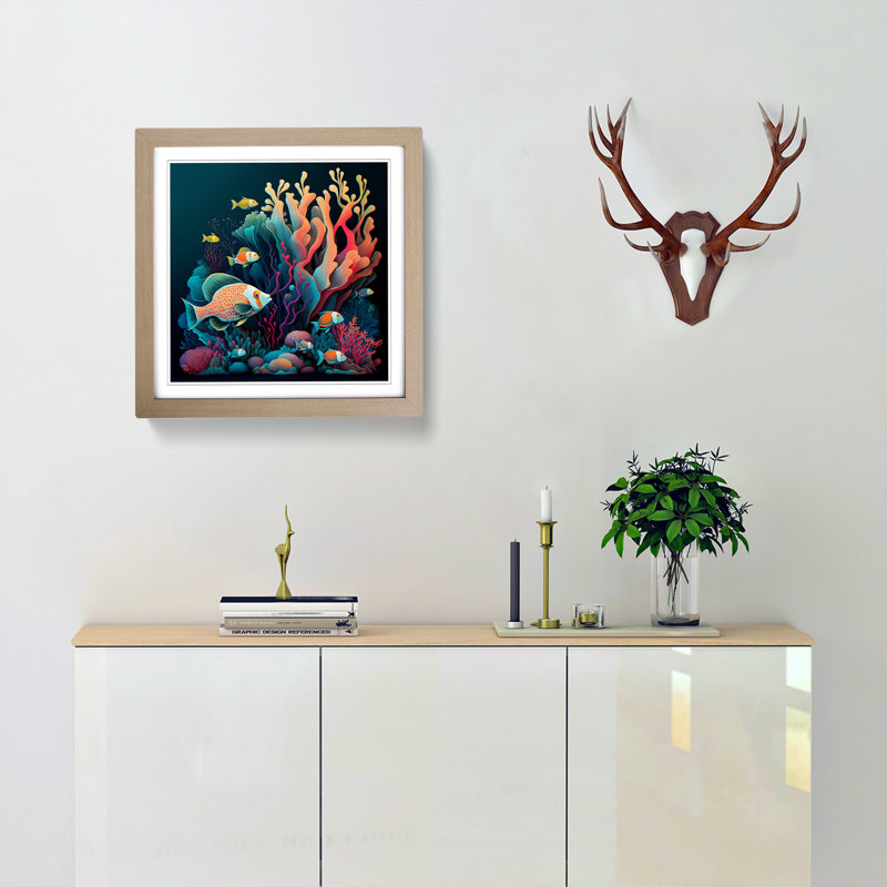 Coral Reef Neo-Traditional - Single Picture Frame Print on Wood, Oak