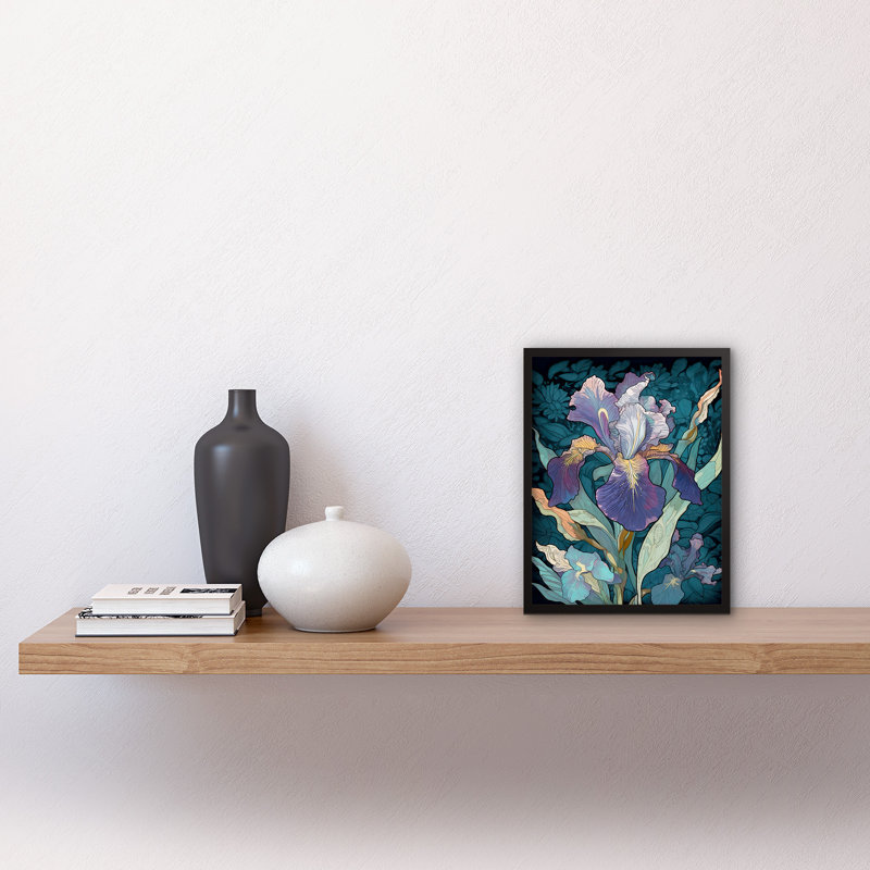 Aarabella A Single Iris Flower Bloom Purple Teal And Yellow - Single Picture Frame Print