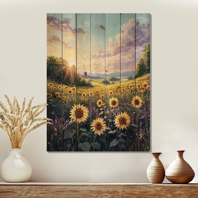 Lavande tournesol champ III - tournesols, art mural sur bois de pin naturel