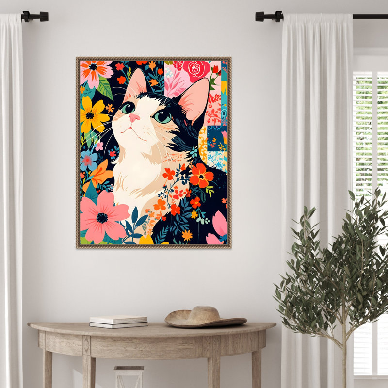 «Floral Patchwork Cat» par Mauriello, reproduction d'art sur toile encadrée, H 28 po x l 23 po