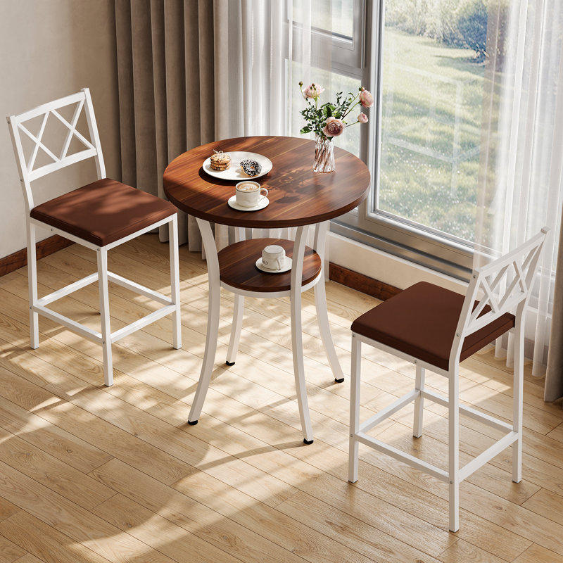 Ensemble de table de salle à manger 3 pièces pour petit espace, table ronde ronde en bois de 24 po et 2 chaises rembourrées en cuir PU, ensemble de table de cuisine moderne avec structure en métal, ensemble bistro pour patio, café, restaurant et bar