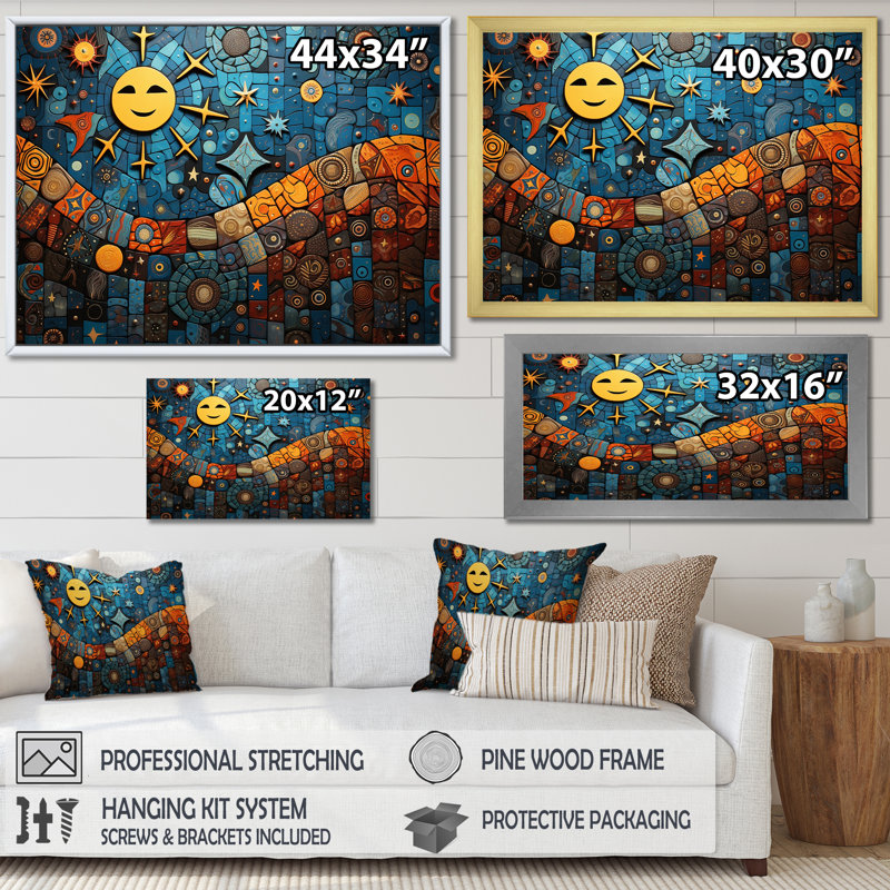 Mélange de mosaïques bleues et oranges - Boho, Cadre flottant doré, H 24 po x l 32 po x P 1 po