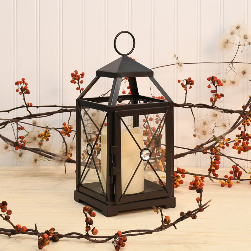 Black Gem Metal Lantern with Battery-Operated Candle