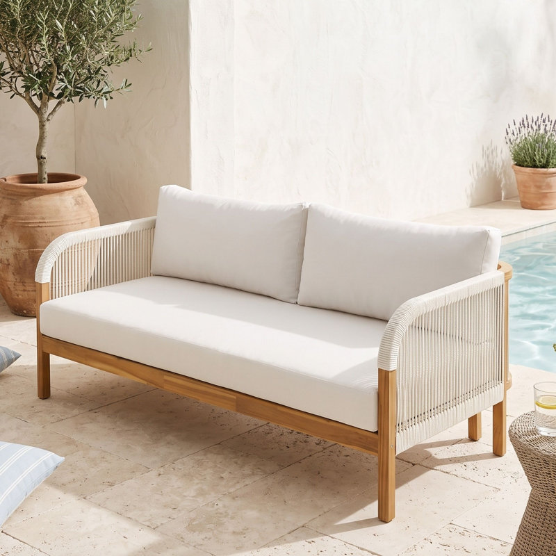 Canapé de patio en bois avec 2 coussins et coussin d'assise, Beige