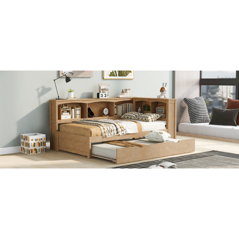 Daybed With Trundle,Storage Cabinets And USB Ports, Natural, Twin