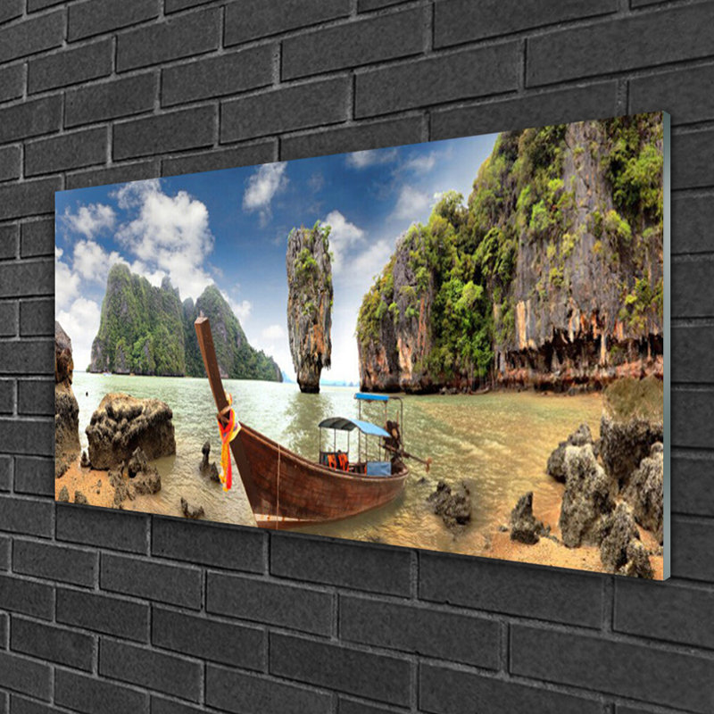 Glass Print Wall Art 100X50cm Image Printed On Glass Decorative Wall Picture Behind Toughened / Tempered Safety Real Glass For Kitchen & Living Room Theme: Boat Mountain Stones Landscape