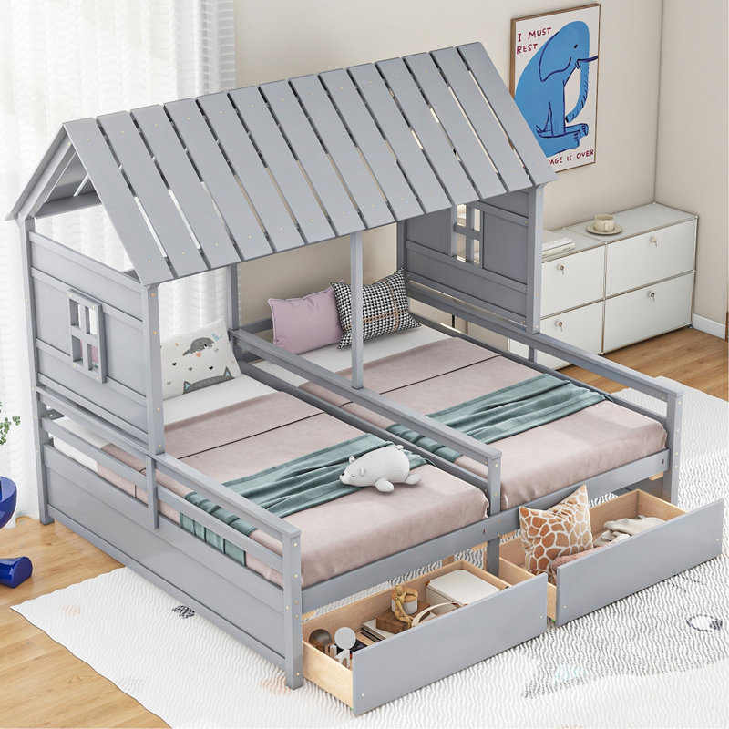 Lit plateforme simple avec deux tiroirs pour lits partagés garçon et fille, combinaison de 2 lits simples côte à côte