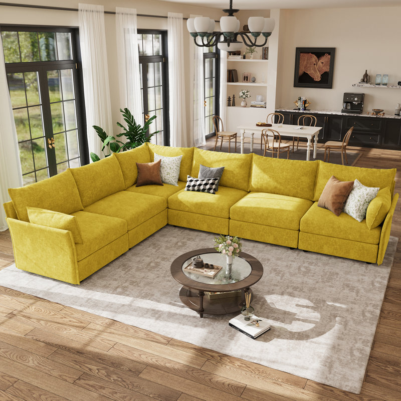 Canapé modulaire en L de 135,5 po avec coussins moelleux Merchelle, Jaune