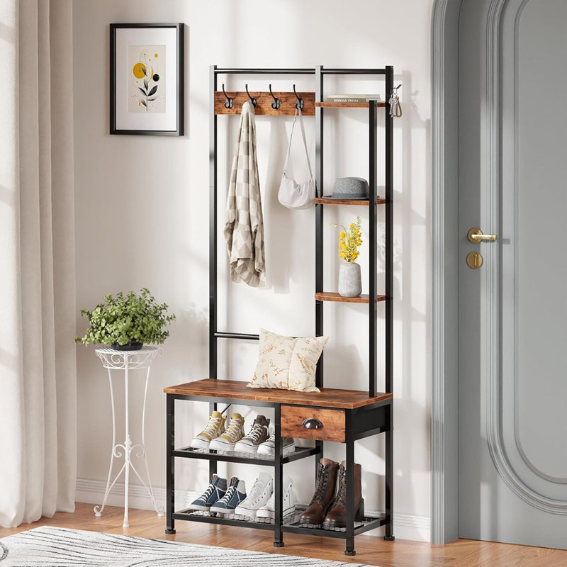 Arbre d'entrée 4 en 1 avec banc, rangement pour chaussures, 3 tablettes, tiroir et 5 crochets - brun rustique