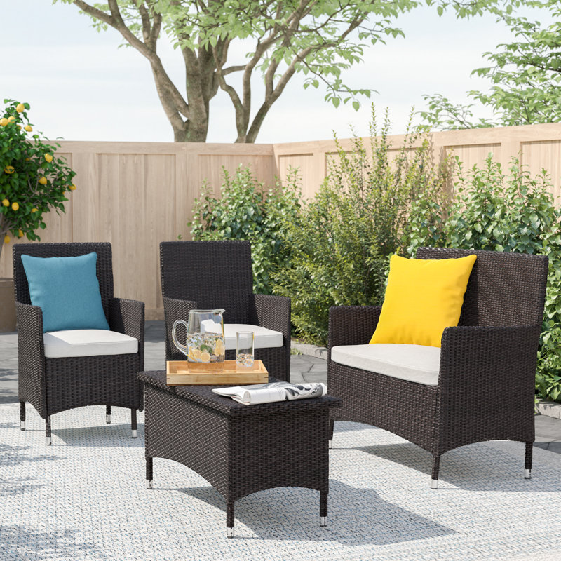 Hogarth 4 - Person Patio Conversation Set with Cushions, Light Brown with Cream Cushions