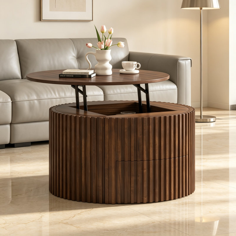 Table basse à plateau relevable VIBE HAUS, table d'appoint moderne en bois cannelé avec rangement caché pour le salon, Brown