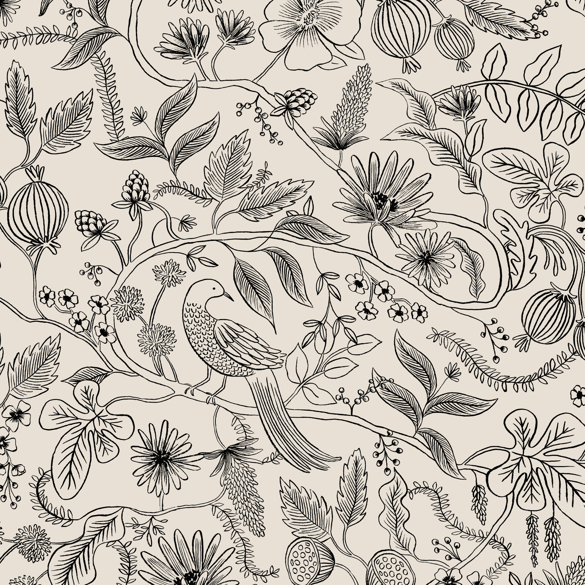 Rifle Paper Co. x Cloth & Company Billie Ottoman, Black Aviary Linen Blend