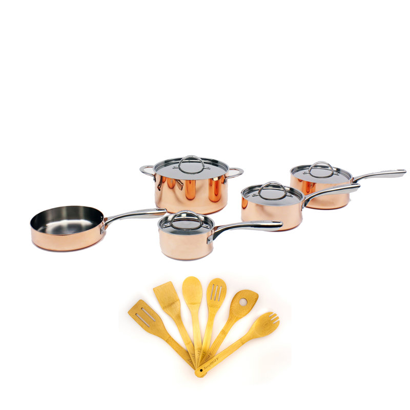 BergHOFF Vintage 15Pc Polished Copper Tri-Ply Cookware Set with Bamboo Cooking Utensils