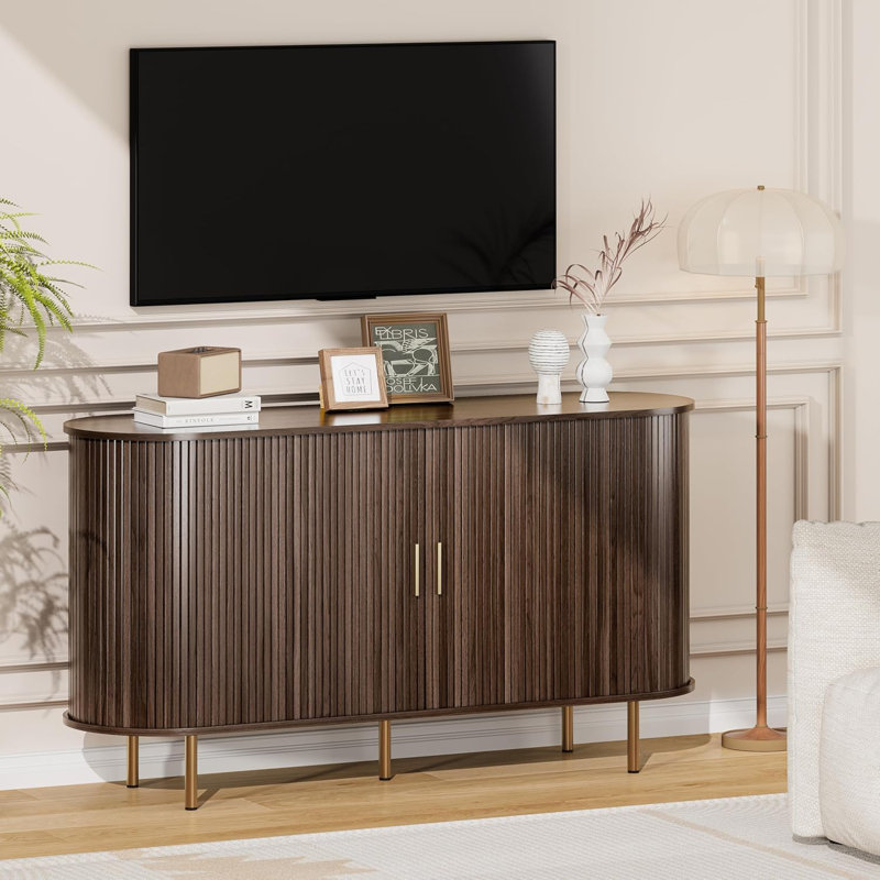 55" Mid-Century Modern Sideboard With Tambour Sliding Doors, Oval Coffee Bar Cabinet With Adjustable Shelf,  Dark Walnut