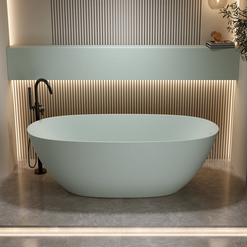 57″Solid Surface Tub, Solid Surface Soaking Tub, Stone Resin Freestanding Bathtub, Thick Edge Stand Alone Tubs With Overflow, Pop-Up Drain(Oval)
