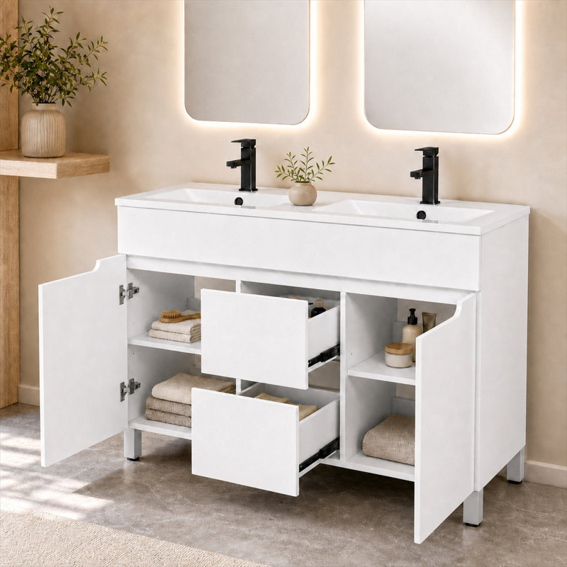 Ensemble de meuble-lavabo double autoportant standard autoportant Abaokoro avec plateau en résine