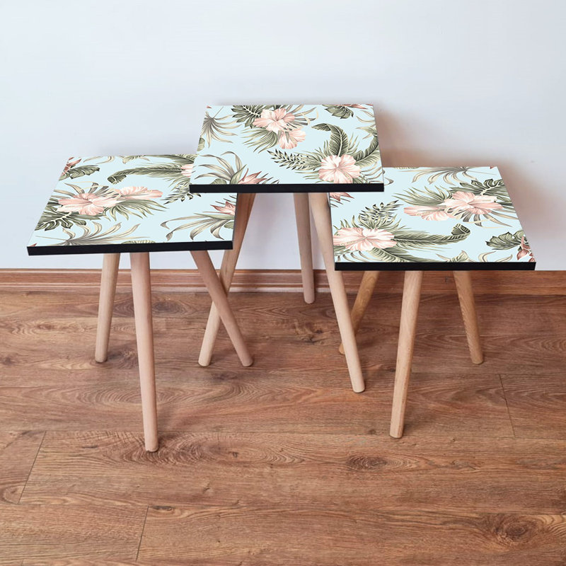 Ensemble de 3 tables gigognes modernes, bleu, rose clair et vert | 100% panneau de fibres à densité moyenne avec pieds en bois de hêtre | Grande table: 13,8 x 20,5 x 13,8 po, moyenne: 13,8 x 18,5 x 13,8 po, plus petite: 13,8 x 16,5 x 13,8 po | Parfait pour les salons et les salles de jeux élégants