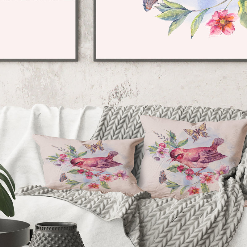 Oiseau rose sur une branche en fleurs - coussin décoratif traditionnel imprimé