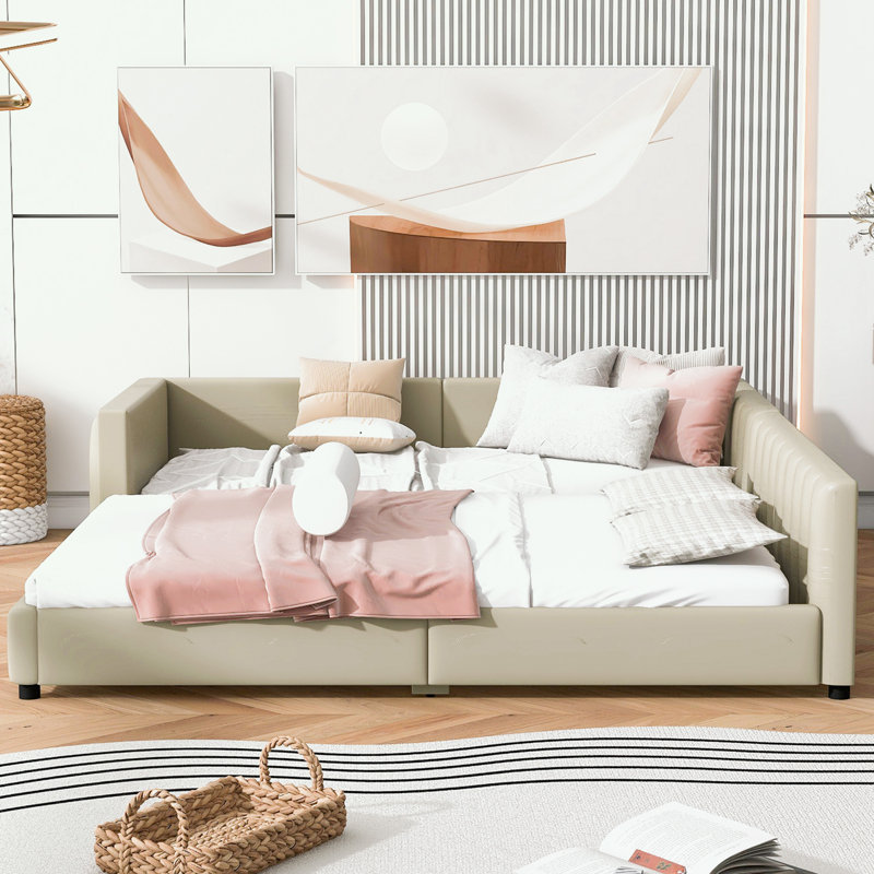 Lit plateforme tapissier grand et simple TG, Beige