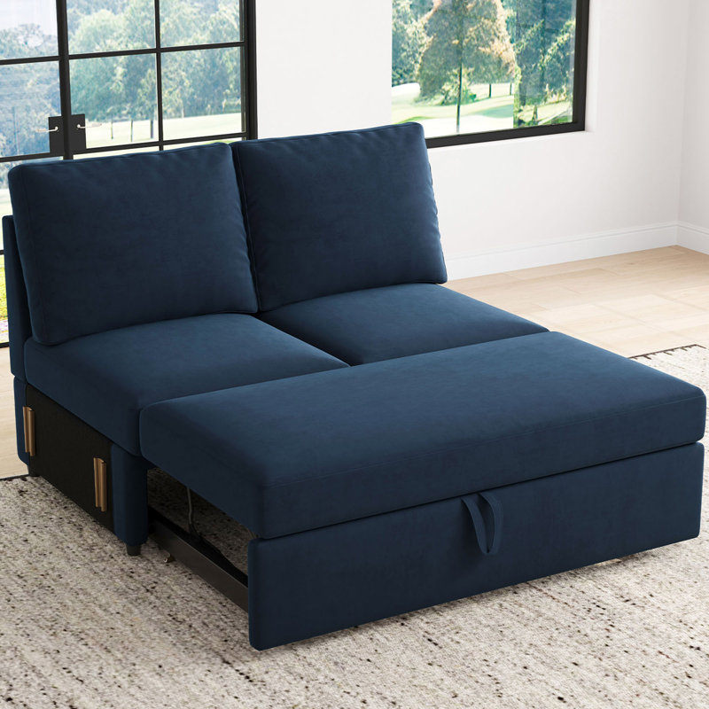 Module de canapé-lit escamotable sans accoudoirs Rafael, Velours bleu