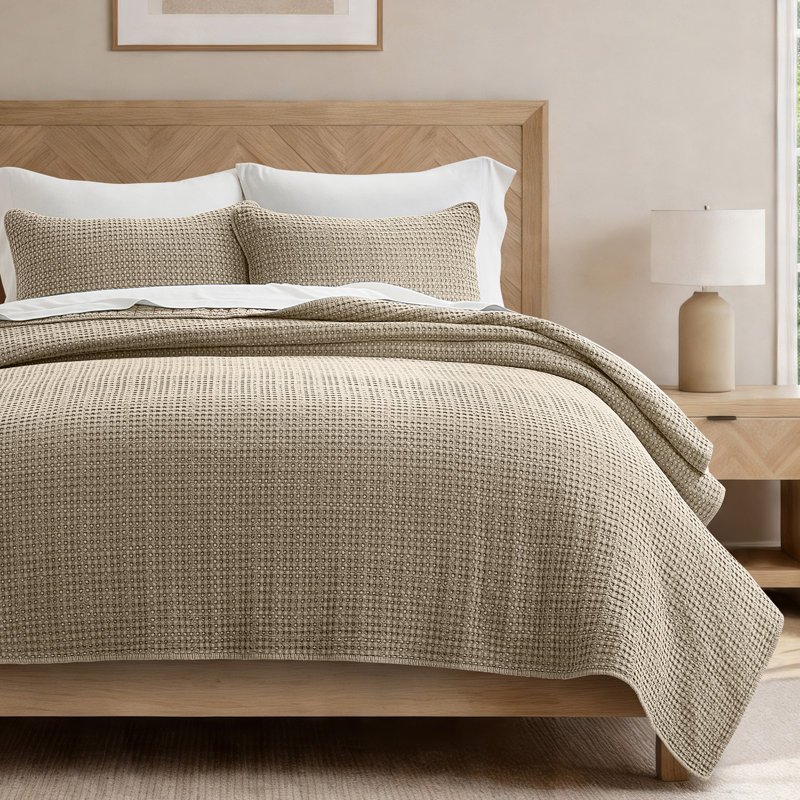 Stonewashed 100% Natural Cotton Waffle Quilt Set, Queen Quilt + 2 Standard Shams, Hearth Taupe