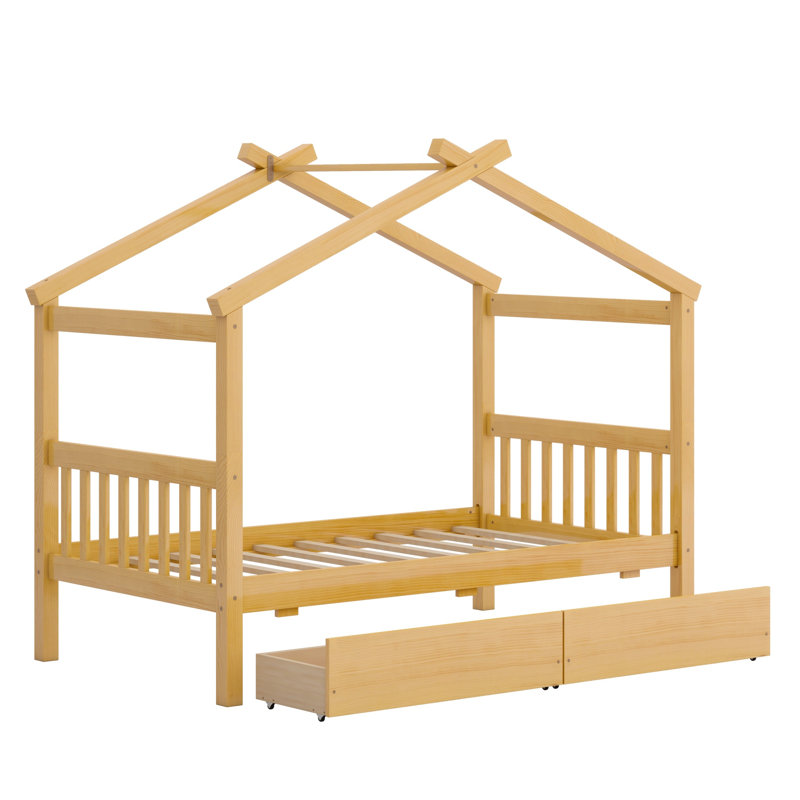 Lit en bois avec tiroirs, Naturel